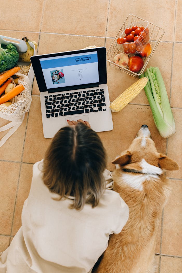 who-we-are Overhead view of a woman and her corgi browsing online grocery shopping on a laptop.