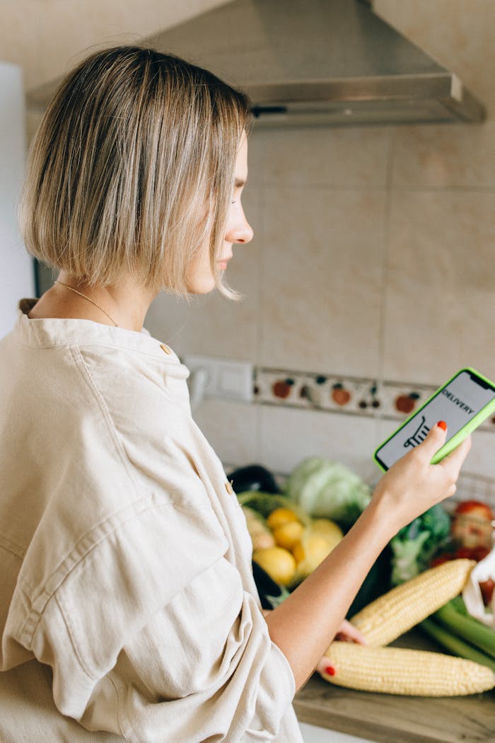 services-04 Woman with short hair using smartphone in kitchen, surrounded by fresh vegetables.